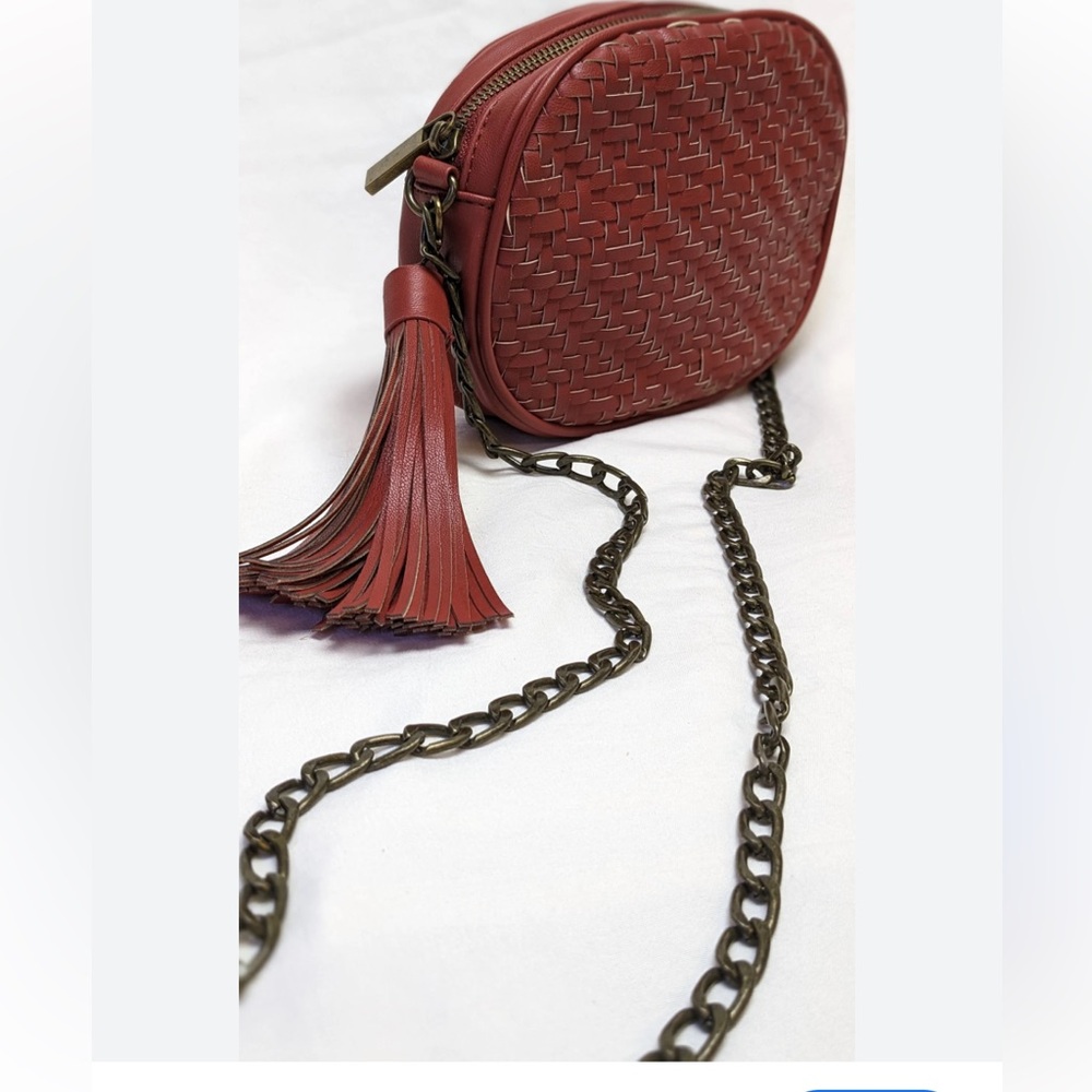 Anthropologie Woven Vegan Leather Chunky Chain TASSEL Crossbody Bag Red - Picture 2 of 12